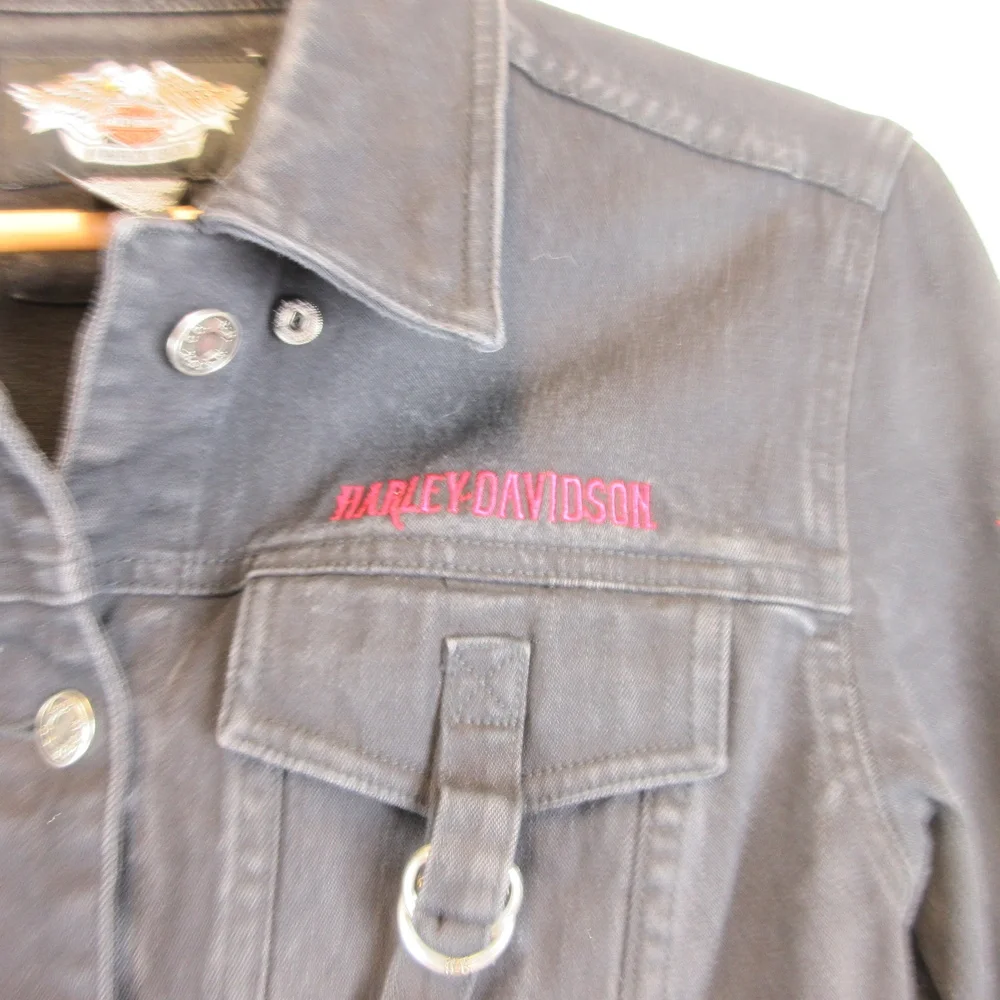 Harley Davidson Black Cotton Denim Jacket Size M Embroidered - Picture 2 of 11